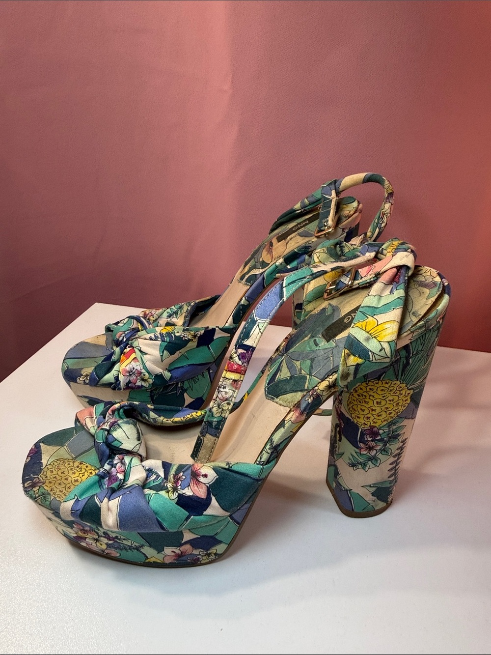 Mango Floral Knot Platform Sandals in Teal, Pink and Yellow